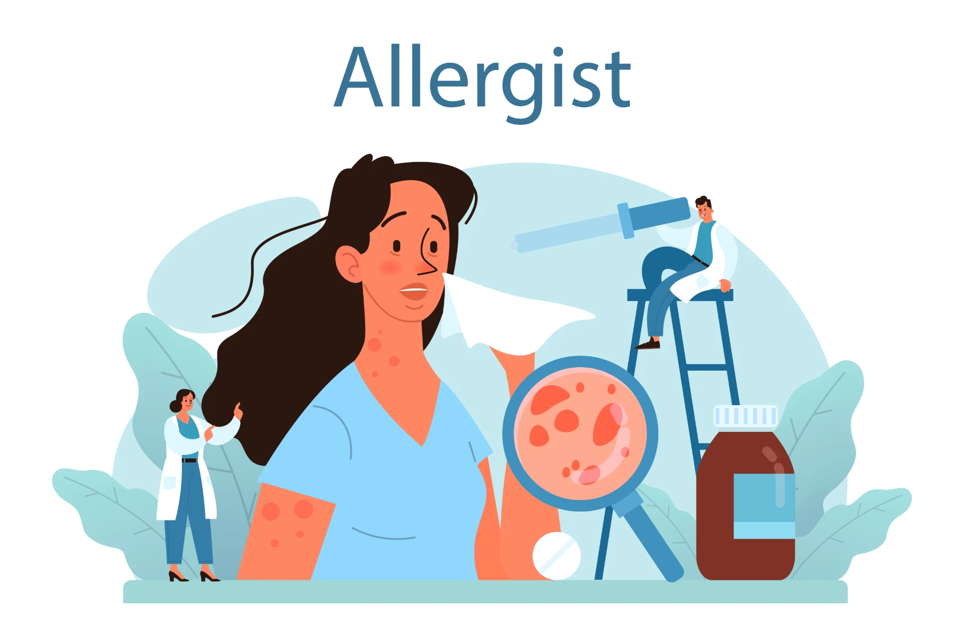 Imagem ilustrativa de um especialista em alergias em Santo André, destacando a busca pelo tratamento adequado, com elementos que representam cuidados com a saúde e dermatologia.